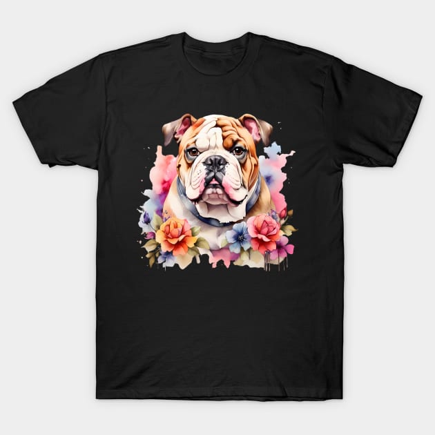 An english bulldog decorated with beautiful watercolor flowers T-Shirt by CreativeSparkzz